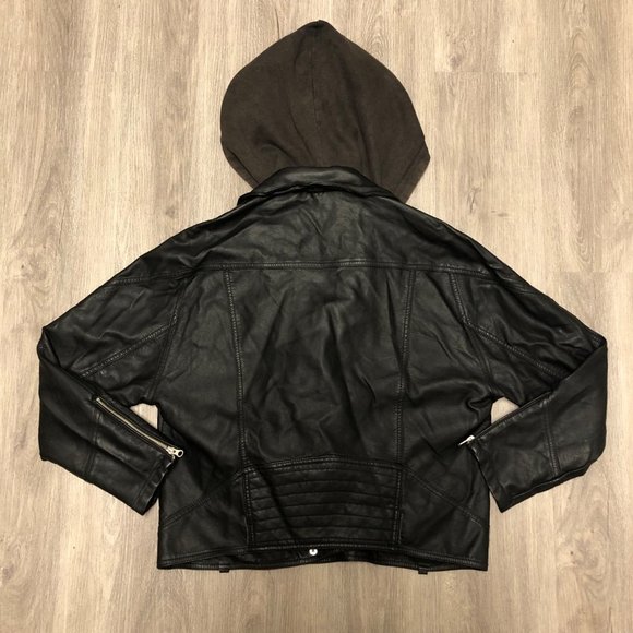 Free People Vegan Leather Jacket Women's Size Medium Black Moto Hooded Coat - Picture 8 of 12